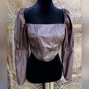 A. Peach The Buckle Brown Faux Leather Puff Sleeve Corset Type Top_Med